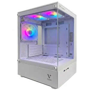 Vartex VT-70 white gaming cabinet with fish tank tempered glass design and 3 RGB cooling fans for gaming PC setup.