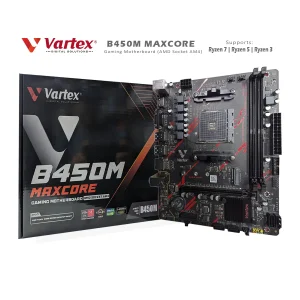 Vartex B450M MAXCORE motherboard box with AMD AM4 Ryzen support