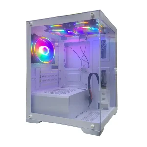 white fishtank gaming case with 3 RGB fans tempered glass